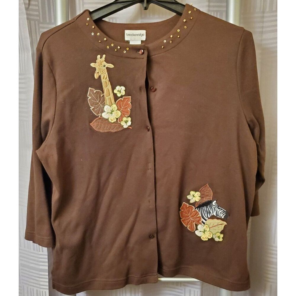 Breckenridge Brown XL Long Sleeve Crew Neck Button Embroidered Giraffe Cardigan‎